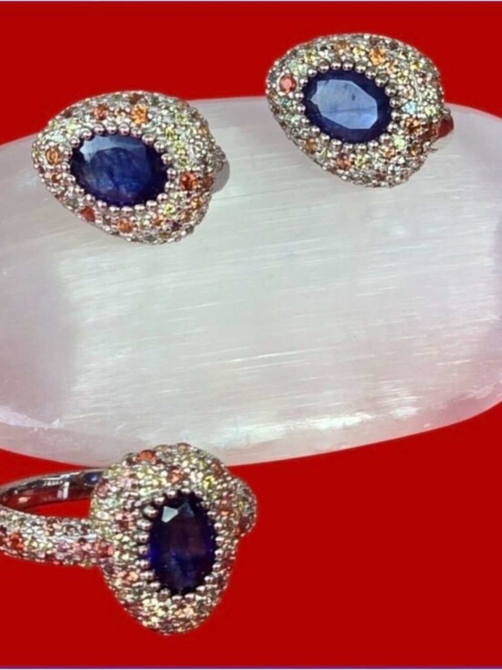 925 Sterling Silver Ring & Earrings Set with Natural Blue & Multicolor Sapphires
